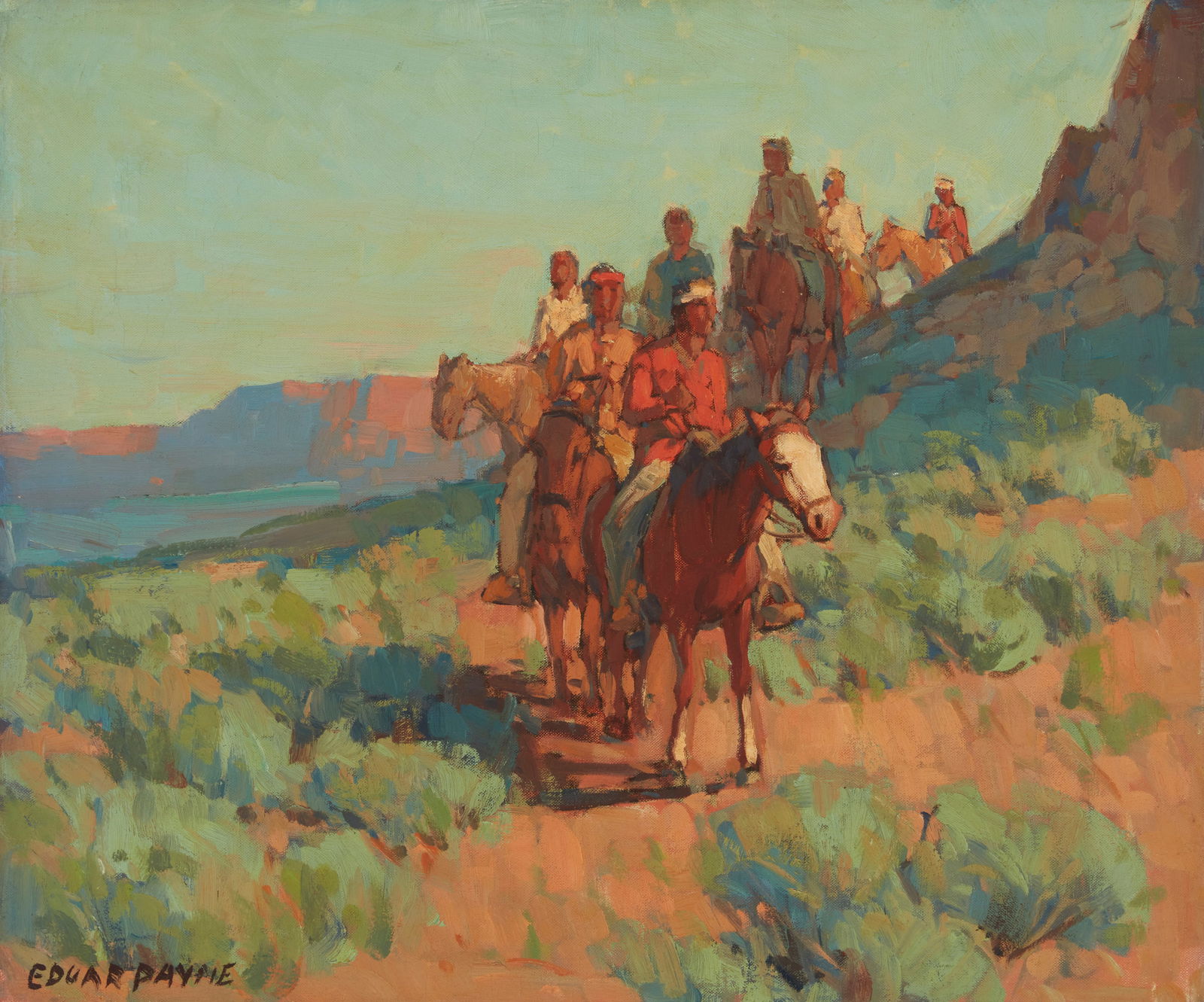 Edgar Alwin Payne (1883-1947), Riding near Canyon de Chelly: Edgar Alwin Payne(1883-1947)Riding near Canyon de ChellyOil on canvasSigned lower left: Edgar Payne20" H x 24" W Provenance: Acquired circa 1950By descent in the family to the present
