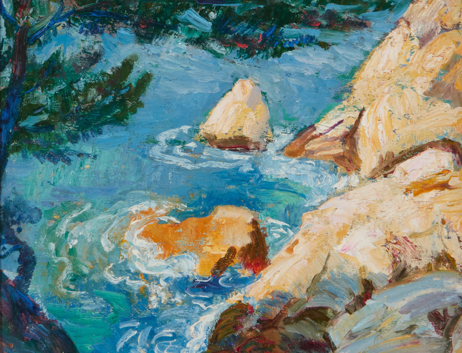 Bernhard Gutmann (1869-1936), "Sun on Coastal Rocks": Bernhard Gutmann(1869-1936)"Sun on Coastal Rocks"Oil on boardUnsigned; attributed to and titled on label affixed to frame's backing paper8" H x 10" W Provenance: The Artist's Estat