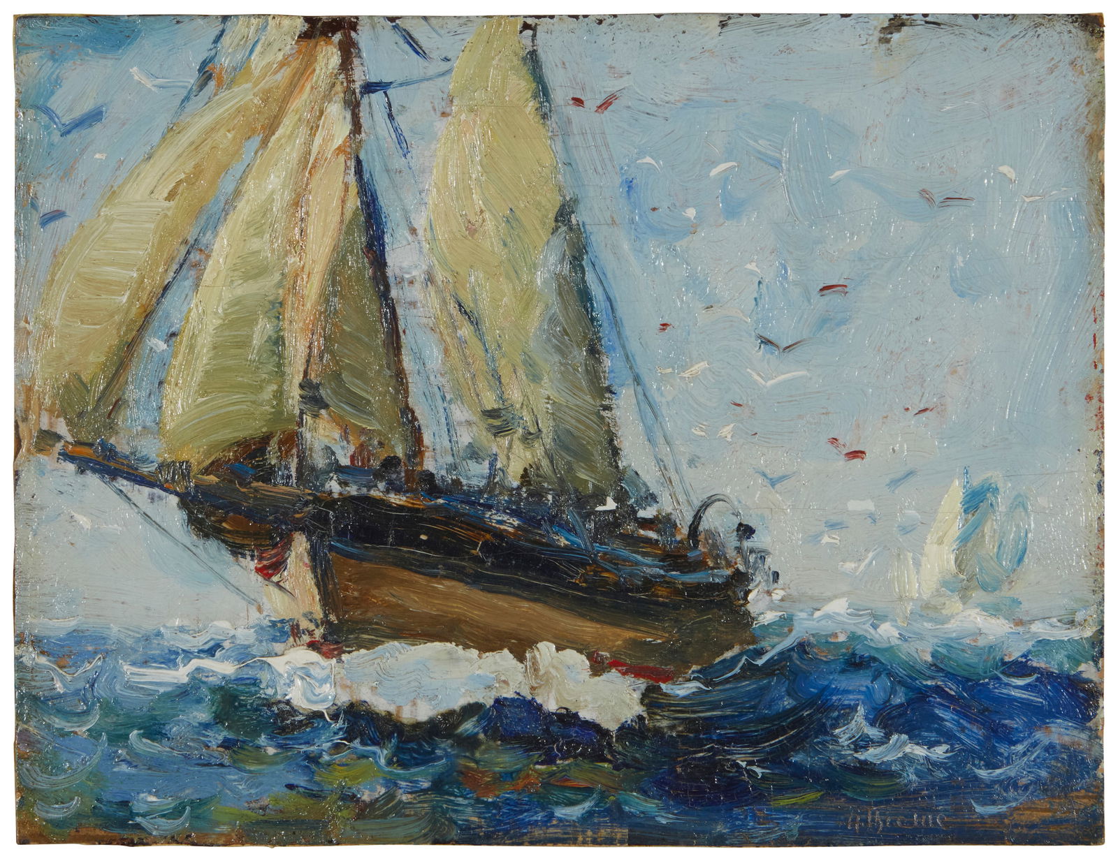Anthony Thieme (1888-1954), "Full Sails": Anthony Thieme(1888-1954)"Full Sails"Oil on board laid to boardIncised lower edge, at right: A. Theime; titled on gallery label affixed verso8" H x 10" W Provenance: Goldfield Gall