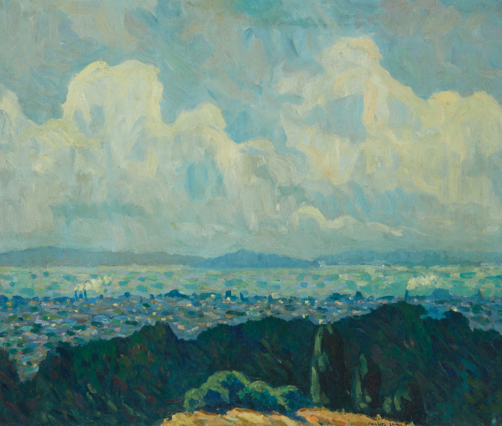 Phillips Lewis (1892-1930), "After the Storm, San Francisco Bay": Phillips Lewis(1892-1930)"After the Storm, San Francisco Bay"Oil on canvasSigned at the lower edge, right of center: Phillips Lewis; titled on the frame plaque; titled again on a label affix