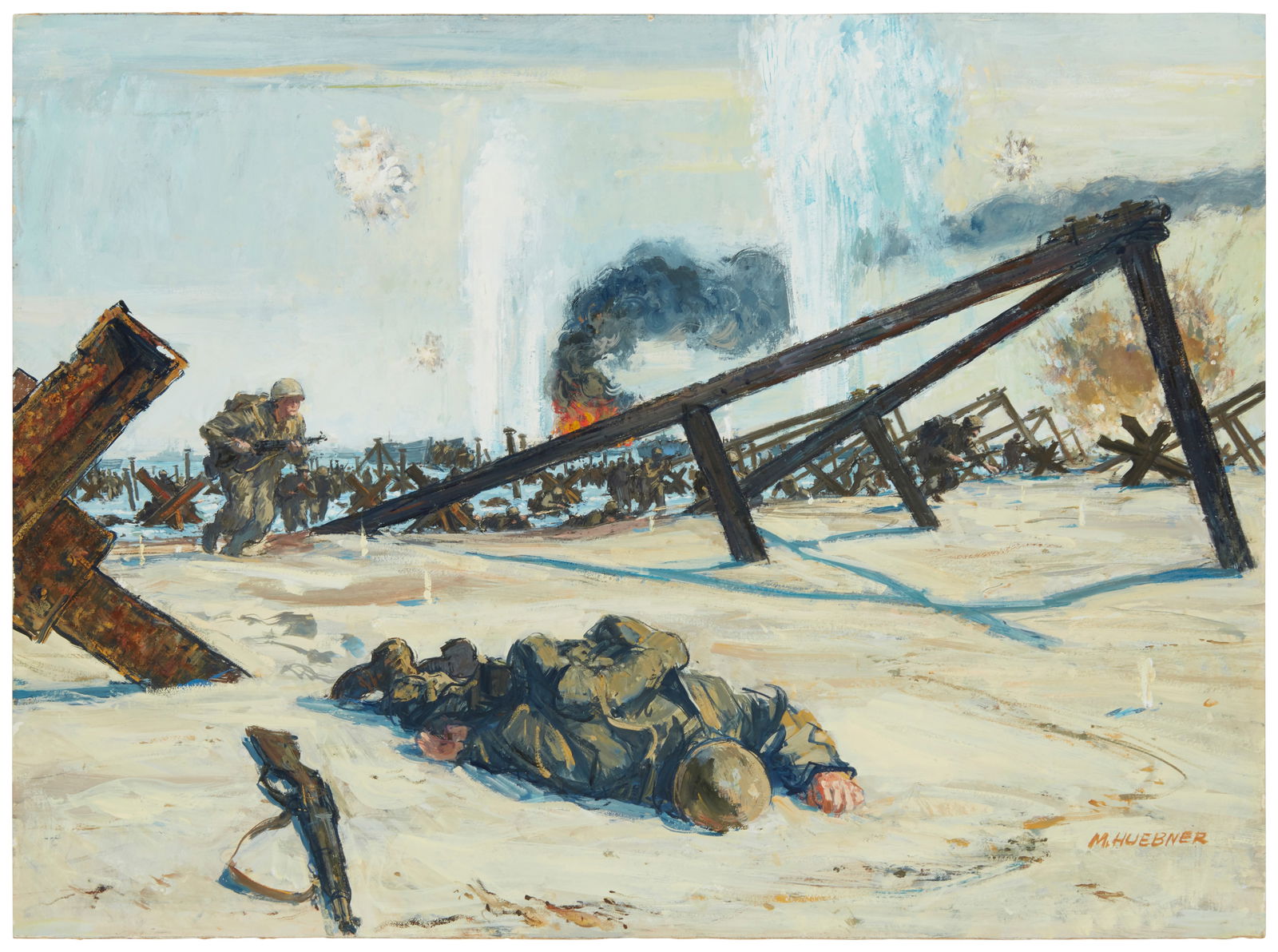 Mentor Charles Huebner (1917-2001), Production illustration for "The Longest Day," circa 1960: Mentor Charles Huebner(1917-2001)Production illustration for "The Longest Day," circa 1960Oil on boardSigned lower right: M. Huebner; inscribed verso: Rochelle21.5" H x 29" W Other Notes: Mentor Huebe
