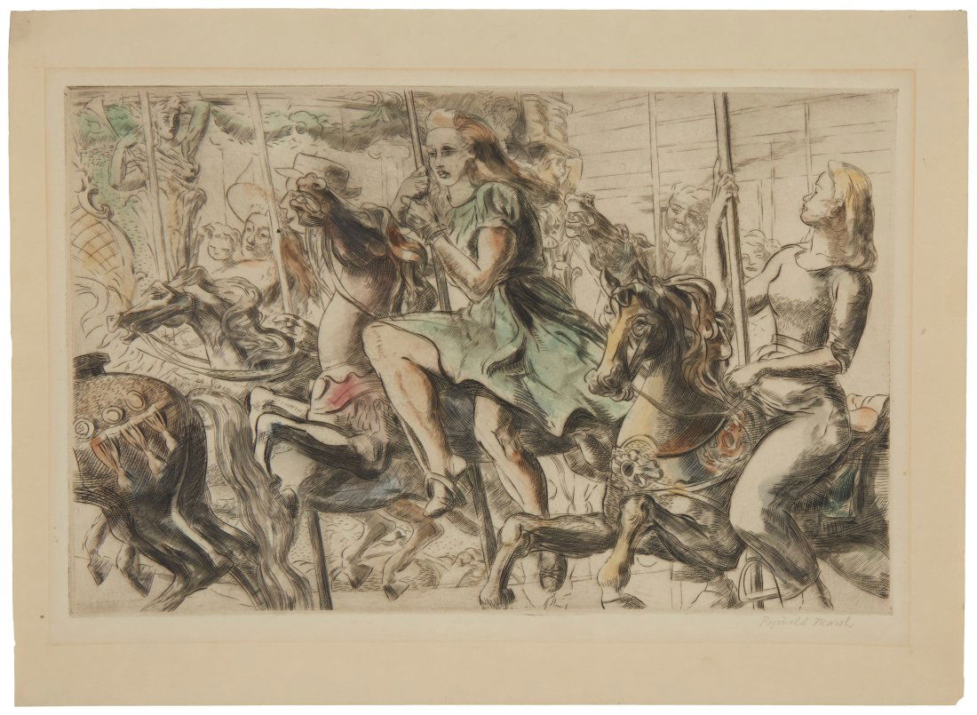 Reginald Marsh (1938-1942), "Merry-Go-Round," 1940: Reginald Marsh(1938-1942)"Merry-Go-Round," 1940Engraving with hand-coloring on cream laid paperA third (final) state impression apart from, and presumably prior to, the 1969 posthumous edition of 100