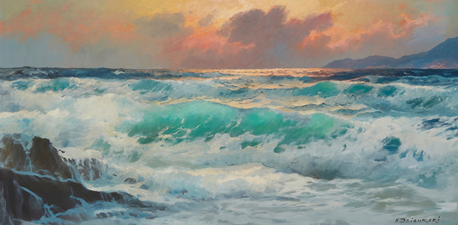 Alexander Dzigurski (1911-1995), Sunset coastal: Alexander Dzigurski(1911-1995)Sunset coastalOil on canvasSigned lower right: A. Dzigurski; with the artist's copyright black ink stamp, verso24" H x 48" W