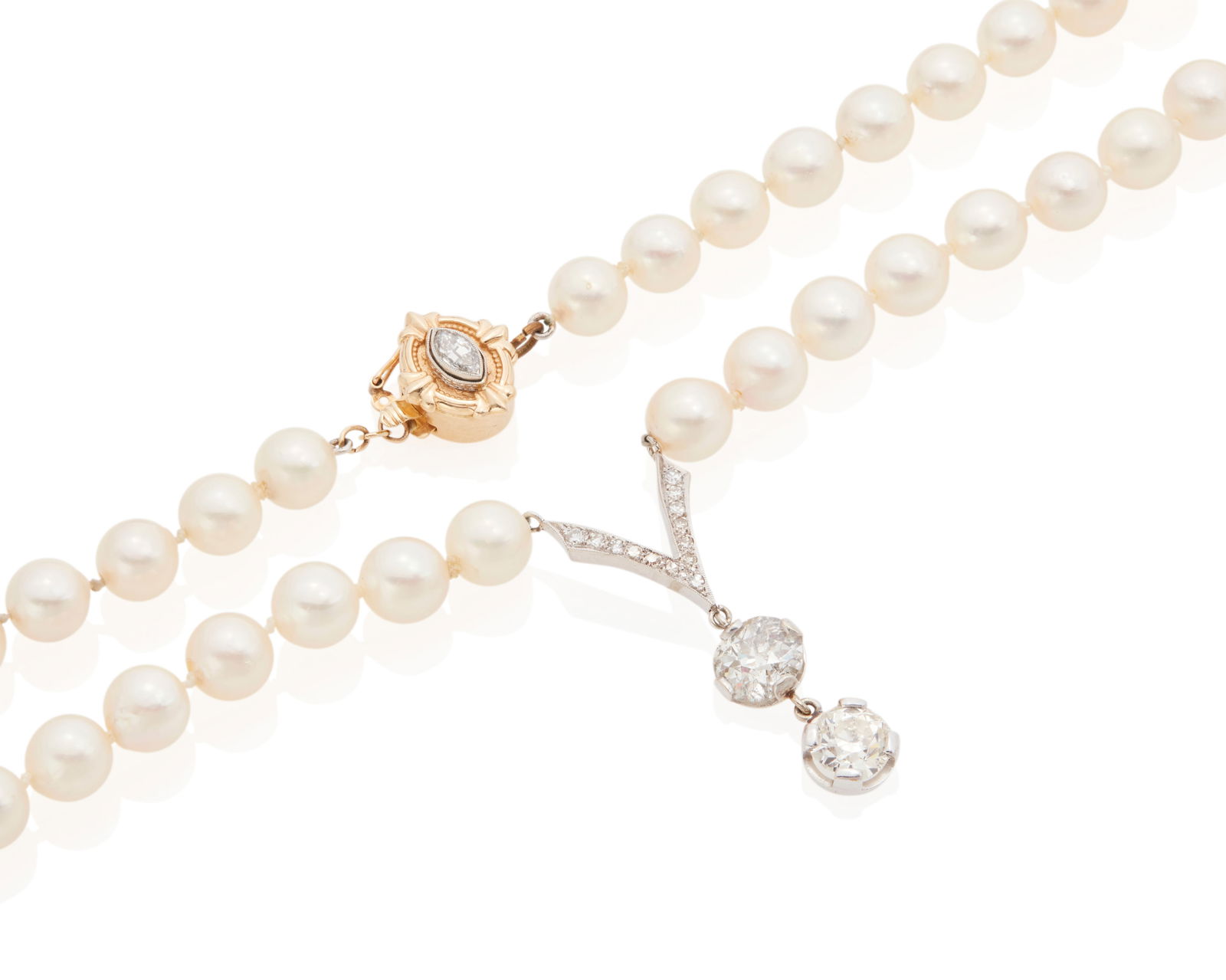 A Diamond and Cultured Pearl Necklace: A Diamond and Cultured Pearl NecklaceComprised of 52 cultured pearls measuring approximately 7.6 mm. suspending a diamond pendant set in white gold with 2 old European-cut diamonds weighing approximat