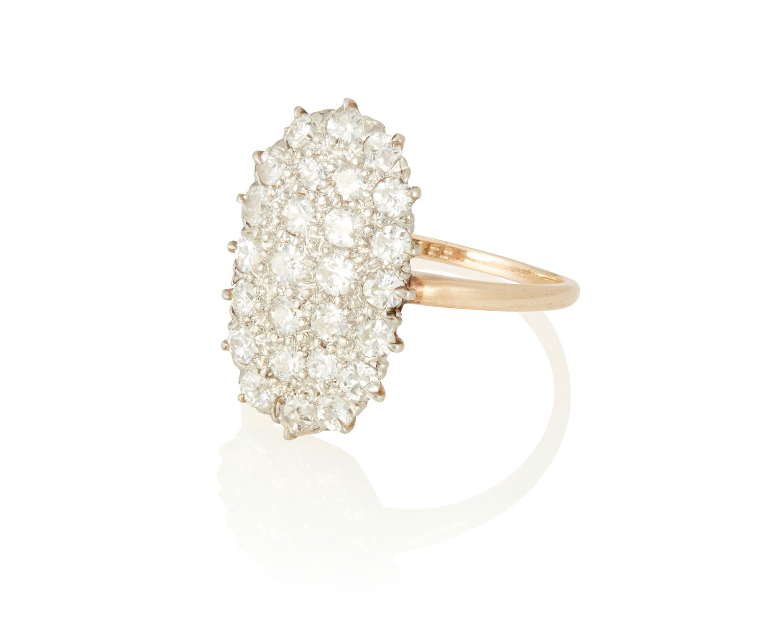 A Diamond Ring: A Diamond RingSet with 26 old European-cut diamonds weighing approximately 1.82 carat, set in 14K rose gold4.06 grams grossRing Size: 7.75 Property of a Private Collector