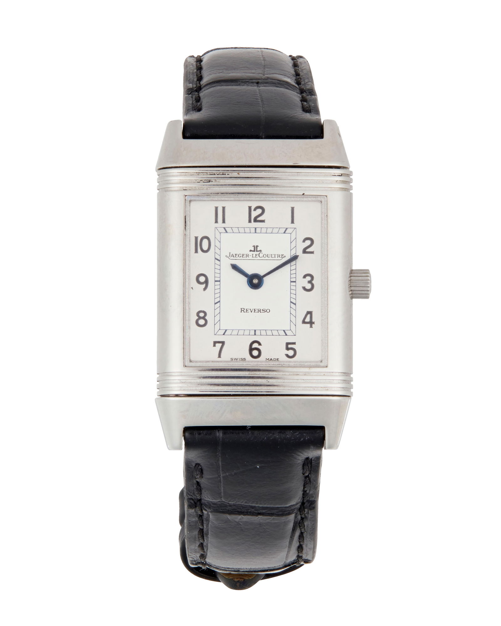 A Jaeger-LeCoultre Reverso Tank Style Wristwatch: A Jaeger-LeCoultre Reverso Tank Style WristwatchDial: Arabic numeral hour markersCase: Stainless steel; 1.00" H x 0.75" WCase number: 3081499Closure: Deployment buckle with black alligator s