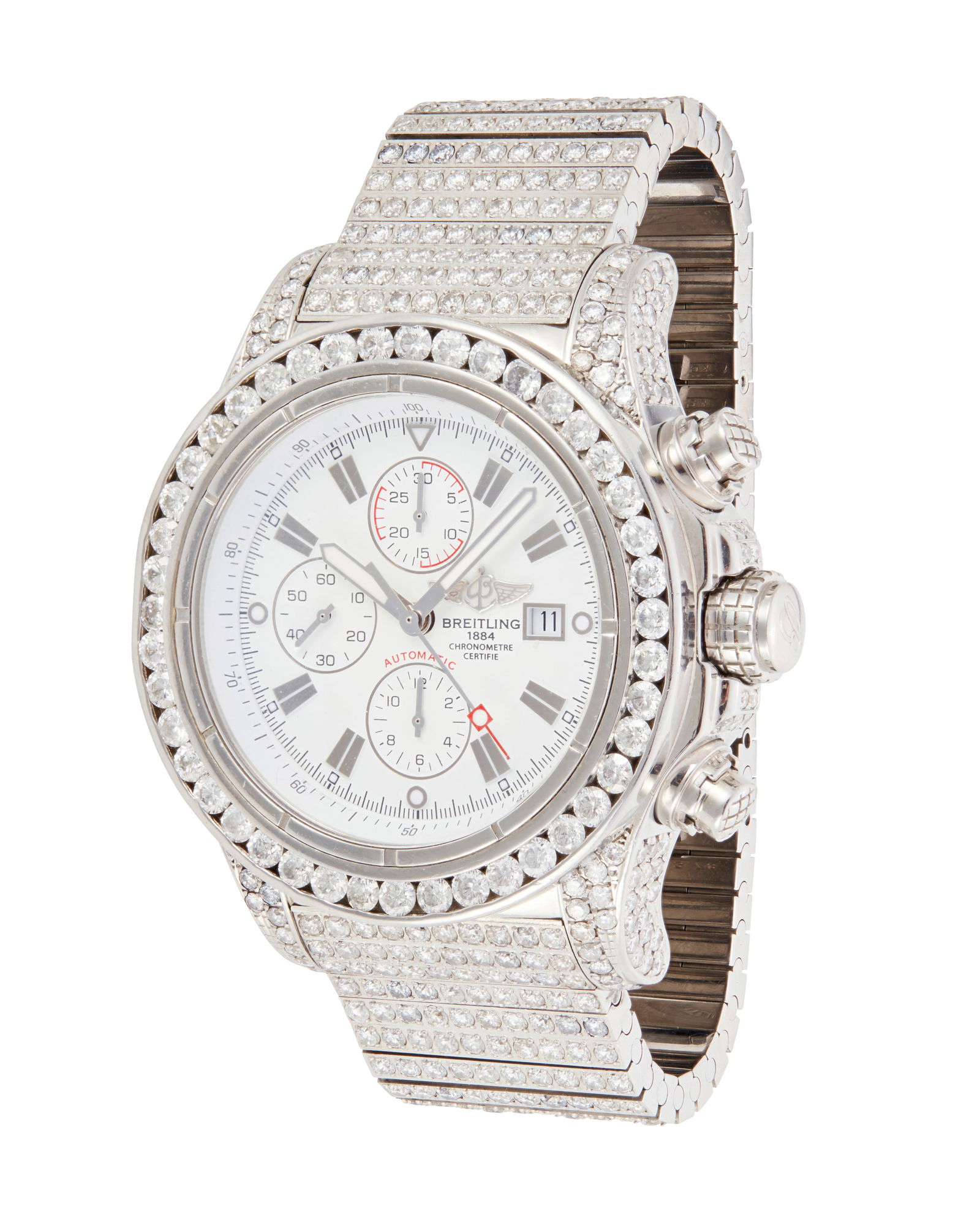 A Breitling Stainless Steel and Diamond Wristwatch: A Breitling Stainless Steel and Diamond WristwatchDial: whiteCaliber: self winding automatic movement, 25 jewelsCase: stainless steel; 48mm DiaDial: 35mm DiaCase number: A13370Closure: steel with fold