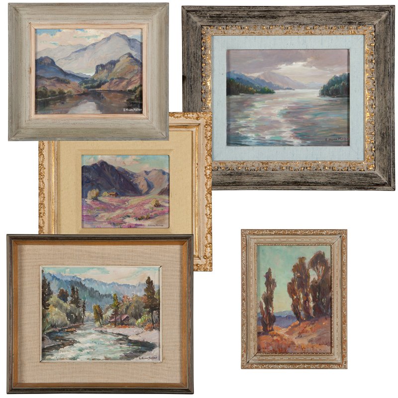 Evylena Nunn Miller (1888-1966 Santa Ana, CA): A group of five landscape paintings: ''End of Malibou Lake (Movie Resort)'', ''Nature's Garden'', ''The Mackenzie River'' (Canada), Eucalyptus landscape and a lake landscape, four signed lower right, 
