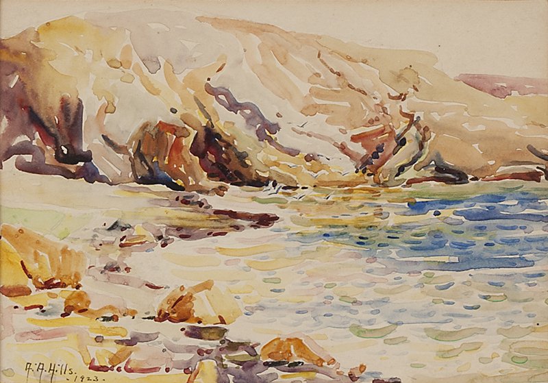 Anna A. Hills (1882-1930 Laguna Beach, CA): Laguna seascape, signed and dated lower left: A.A. Hills 1923, watercolor on paper under glass, sight size: 4.25'' H x 6.75'' W, est:$800/1200 Provenance: Private Collection, Orange County, CA