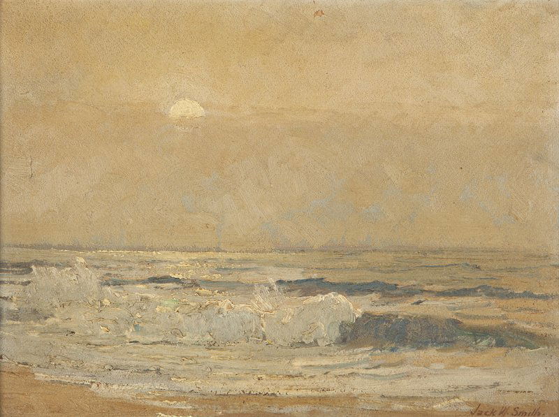 Jack Wilkinson Smith (1873-1949 Alhambra, CA): ''Early Moon'', setting moon over crashing waves, signed lower right: Jack W. Smith, signed again, titled and numbered on a gum label affixed verso: #368, oil on canvas, 12'' H x 16'' W, est:$4000/600