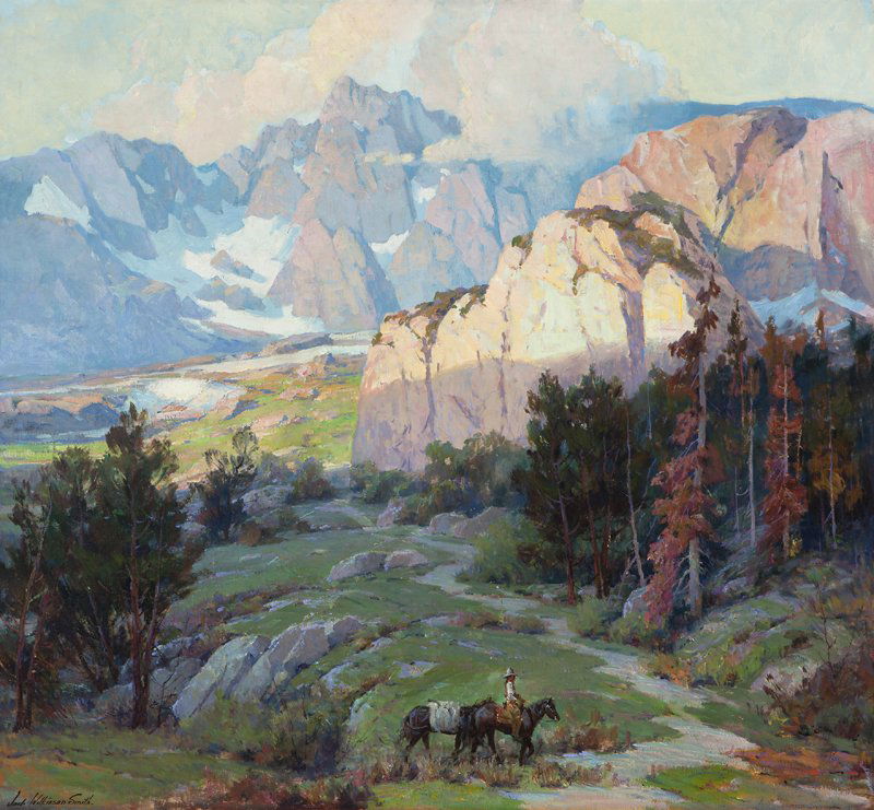 Jack Wilkinson Smith (1873-1949 Alhambra, CA): ''Crest of the Sierras, Minarette (sic) Range, California'', rider and packhorse near Agnew Meadows, High Sierras, signed lower left: Jack Wilkinson Smith, signed again, dated and titled on the stretc
