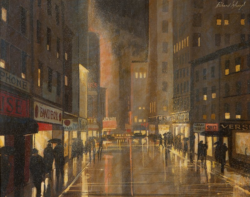 Richard Whorf (1906-1966 Hollywood, CA): Chicago Jazz District on a rainy night, signed upper right: Richard Whorf, gouache on board, 14'' H x 18'' W, est:$1500/2000 Note: A painting verso depicts a Western scene with two horses hitched at a