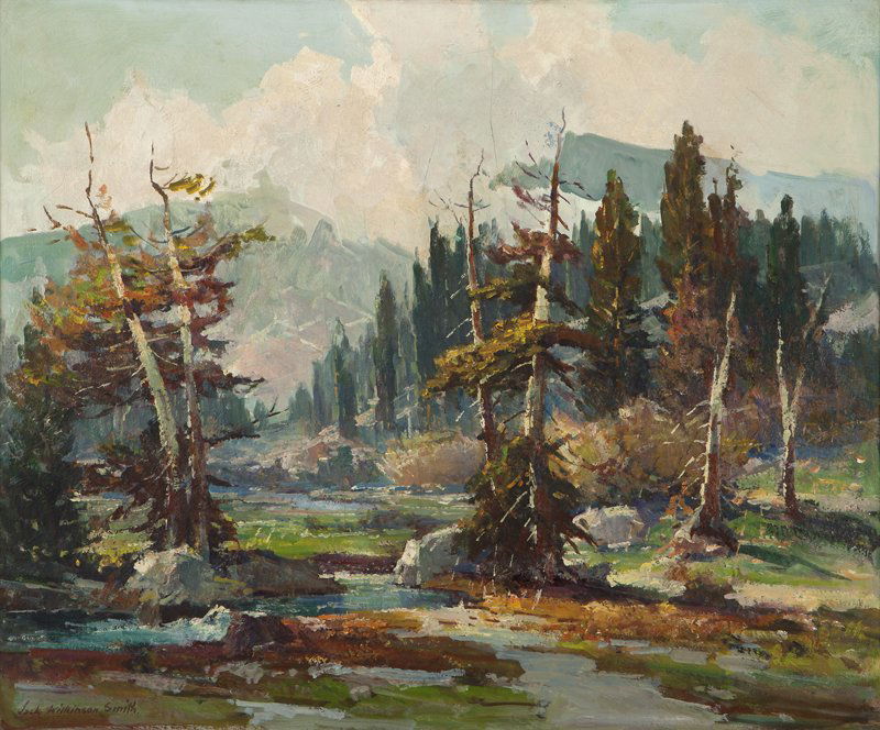 Jack Wilkinson Smith (1873-1949 Alhambra, CA): Sierra landscape, signed lower left: Jack Wilkinson Smith, oil on canvas, 25'' H x 30'' W, est:$25,000/35,000 Note: The present work is part of a larger collection of paintings and sculpture consigned