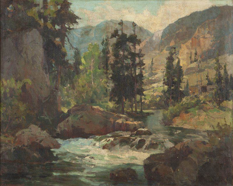 Jack Wilkinson Smith (1873-1949 Alhambra, CA): Cabin nestled in a High Sierras landscape, bears signature lower left: Jack Wilkenson (sic) Smith, oil on canvas, 24'' H x 30'' W, est:$20,000/30,000 Provenance: Collection of the Estate of a Resident