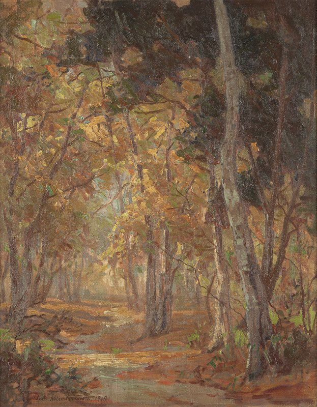 Jack Wilkinson Smith (1873-1949 Alhambra, CA): Forest interior, signed and dated lower left: Jack Wilkinson Smith 1914, oil on canvas, 20'' H x 16'' W, est:$4000/6000 Provenance: Collection of the Estate of a Resident of Artist Alley, Champion Pla