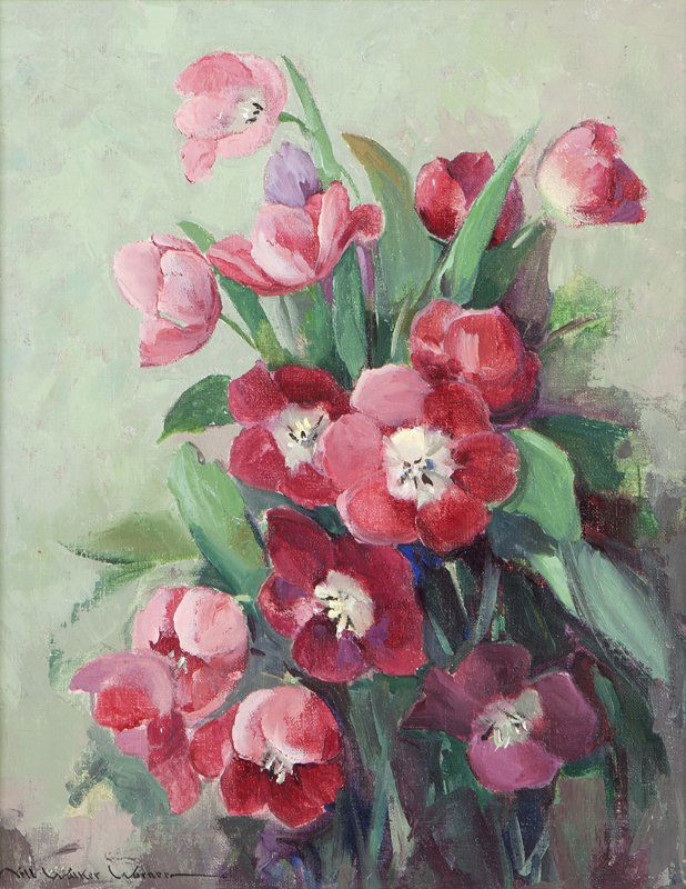 Nell Walker Warner (1891-1970 Carmel, CA): ''Tulips'', signed lower left: Nell Walker Warner, titled on the stretcher, oil on canvas, 20'' H x 16'' W, est:$1000/1500