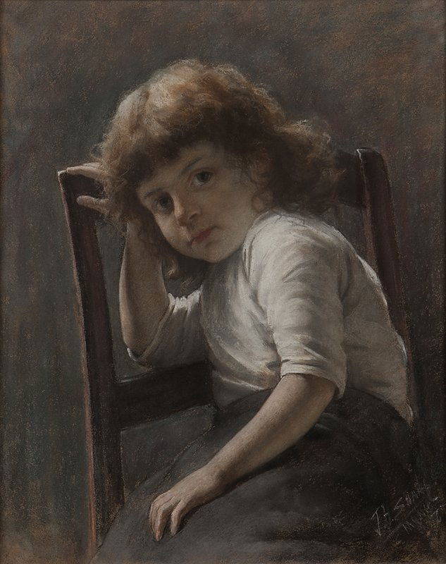 Joseph Henry Sharp (1859-1953 Pasadena, CA): Seated child, signed, inscribed and dated lower right: J.H.Sharp Munich 87, pastel on dark grey paper, sight size: 22.5'' H x 18.5'' W, est:$800/1200 Provenance: with The Closson Art Galleries, Cincin