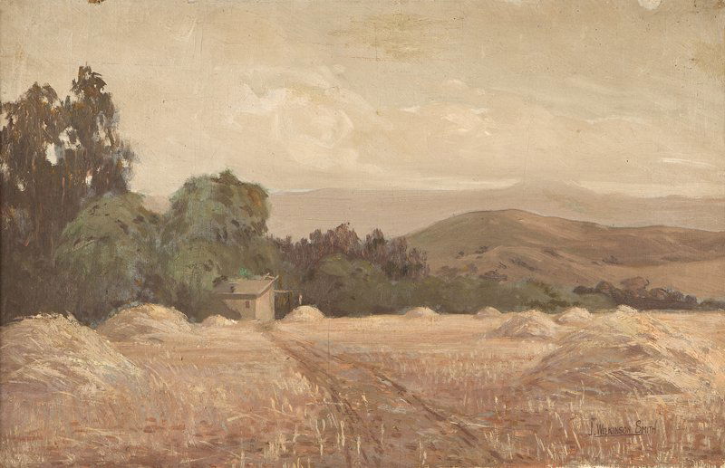 Jack Wilkinson Smith (1873-1949 Alhambra, CA): Hay fields and barn in a California landscape, signed lower right: J. Wilkinson Smith, oil on canvas, 13'' H x 20.25'' W, est:$2500/3500 Provenance: Collection of the Estate of a Resident of Artist Al