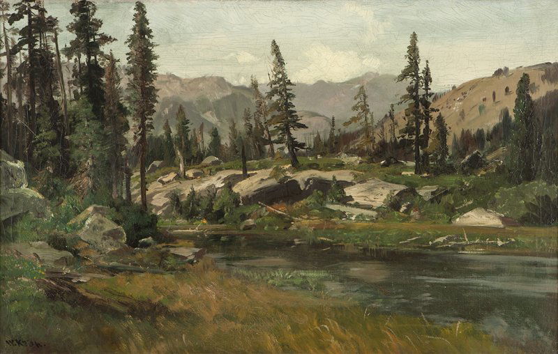 William Keith (1838-1911 Berkeley, CA): ''Merced Summer'', foothills along the river, signed lower left: W. Keith, indistinctly titled on the stretcher, oil on canvas laid to canvas, 15.25'' H x 24.25'' W, est:$3000/5000 Provenance: Private