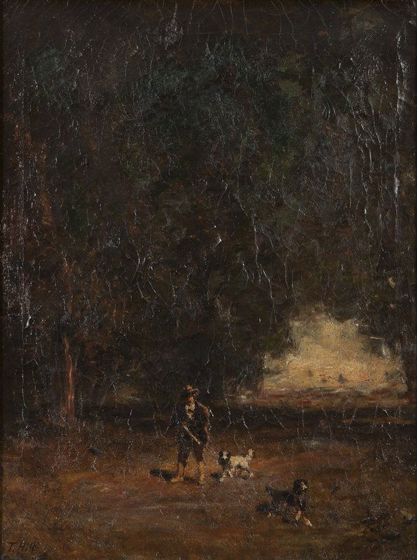 Thomas Hill (1829-1908 San Francisco, CA / Yose: Hunter and dogs in a landscape, signed lower left: T. Hill, oil on canvas, 24'' H x 19'' W, est:$2500/3500 Provenance: Estate of Mrs. Jack Wilkinson Smith, by descent in the family; Collection of the