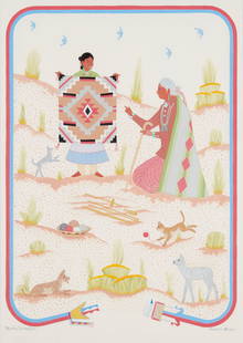 Harrison (Haskay Yahne Yah) Begay (1917-2012, Navajo/Dine), Figures with animals: Harrison (Haskay Yahne Yah) Begay(1917-2012, Navajo/Dine)Figures with animalsGouache on Arches paperSigned near the lower edge in English and Navajo: Harrison Begay / Haskay Yahne YahSight: 28.25"