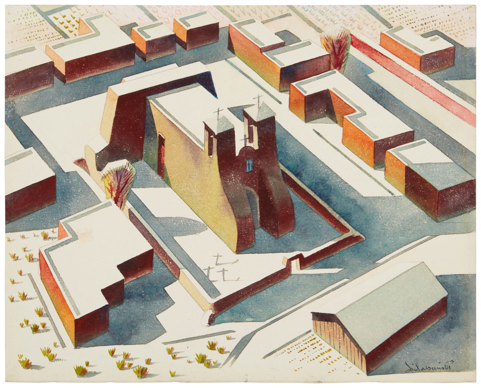 Sandor Bernath (1892-1984), View from above of a church in Taos: Sandor Bernath(1892-1984)View from above of a church in TaosWatercolor on paperSigned lower right: Sandor BernathImage/Sheet: 13.75" H x 17.5" W