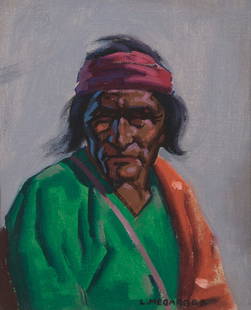 Lon Megargee (1883-1960), Portrait of a Native American: Lon Megargee(1883-1960)Portrait of a Native AmericanOil on canvas laid to boardSigned lower right: L. Megargee9" H x 7.375" W