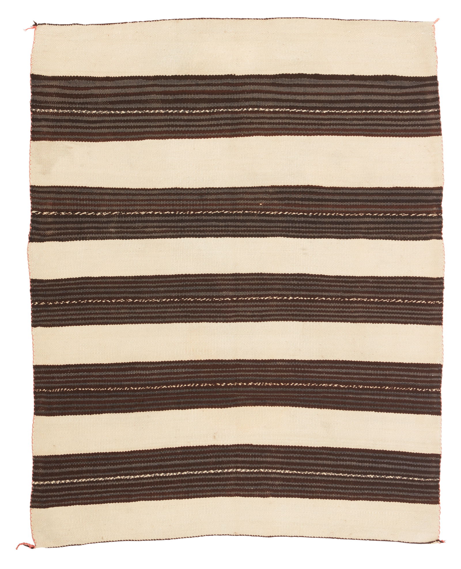 A Puebloan wearing blanket: A Puebloan wearing blanketCirca 1900; Southwestern United StatesWoven with natural brown, blue/grey, and natural cream handspun wool with evenly spaced striped banding56" H x 46" W Provenanc