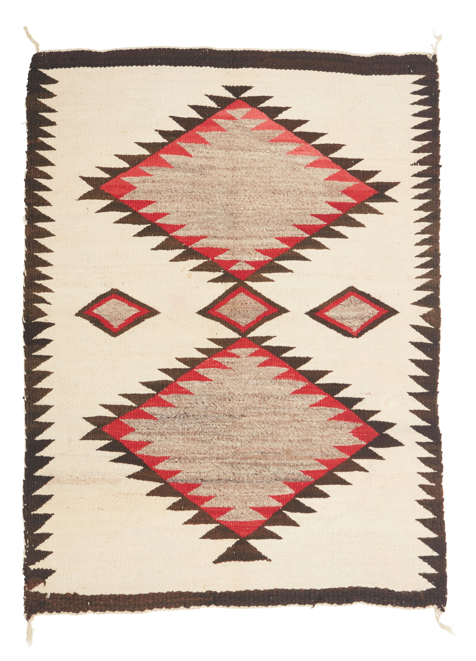 A Navajo regional rug/saddle blanket: A Navajo regional rug/saddle blanketMid-20th century, DineWith two central serrated diamonds and a sawtooth border to two sides, woven in red, dark brown, grey, and cream wool46.5" H X 37.5"