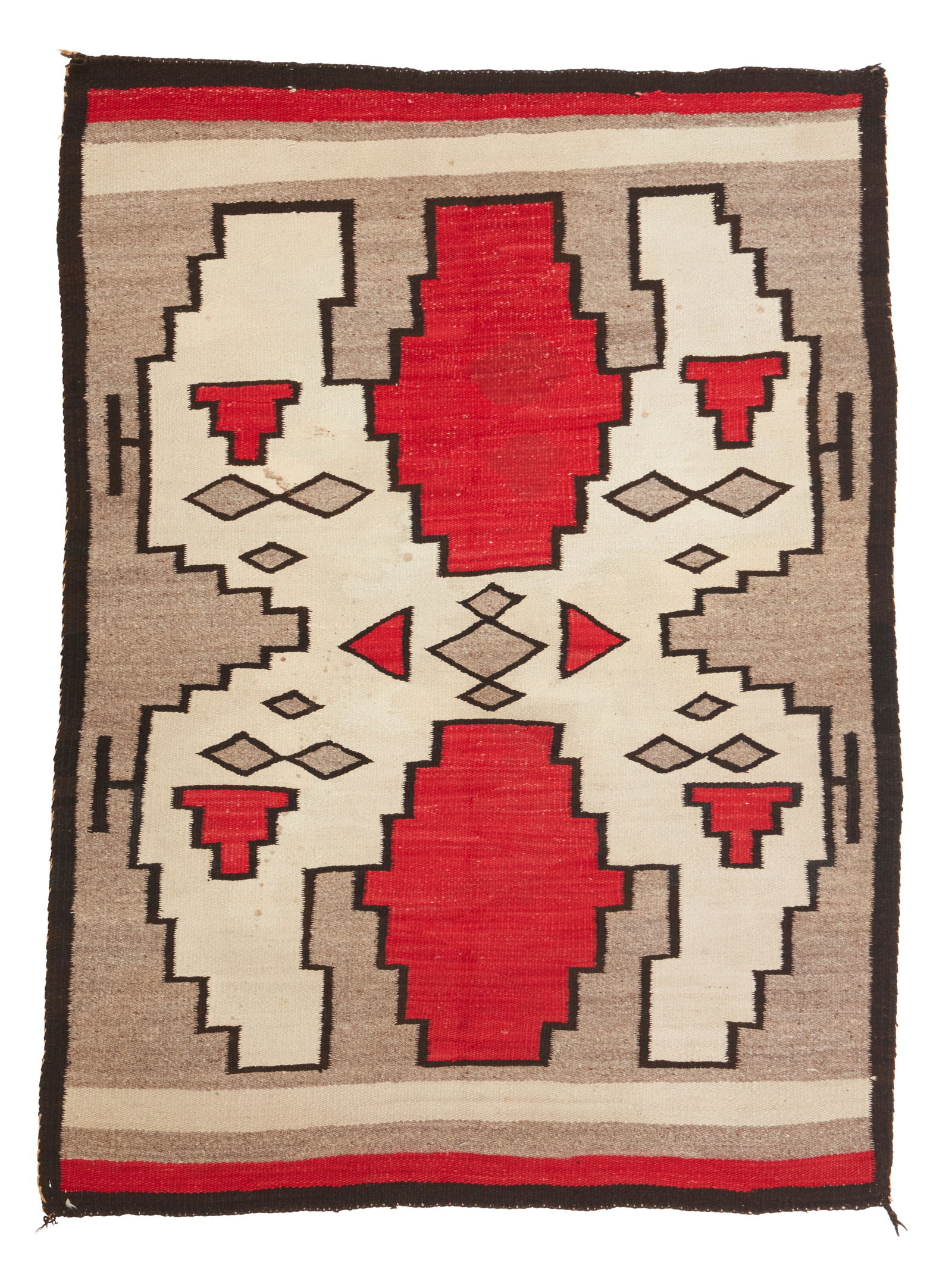 A Navajo regional rug: A Navajo regional rugEarly 20th century, DineWoven in red, cream, grey, and dark brown wool in a stylized stepped X motif and with banded ends56.5" H x 42" W
