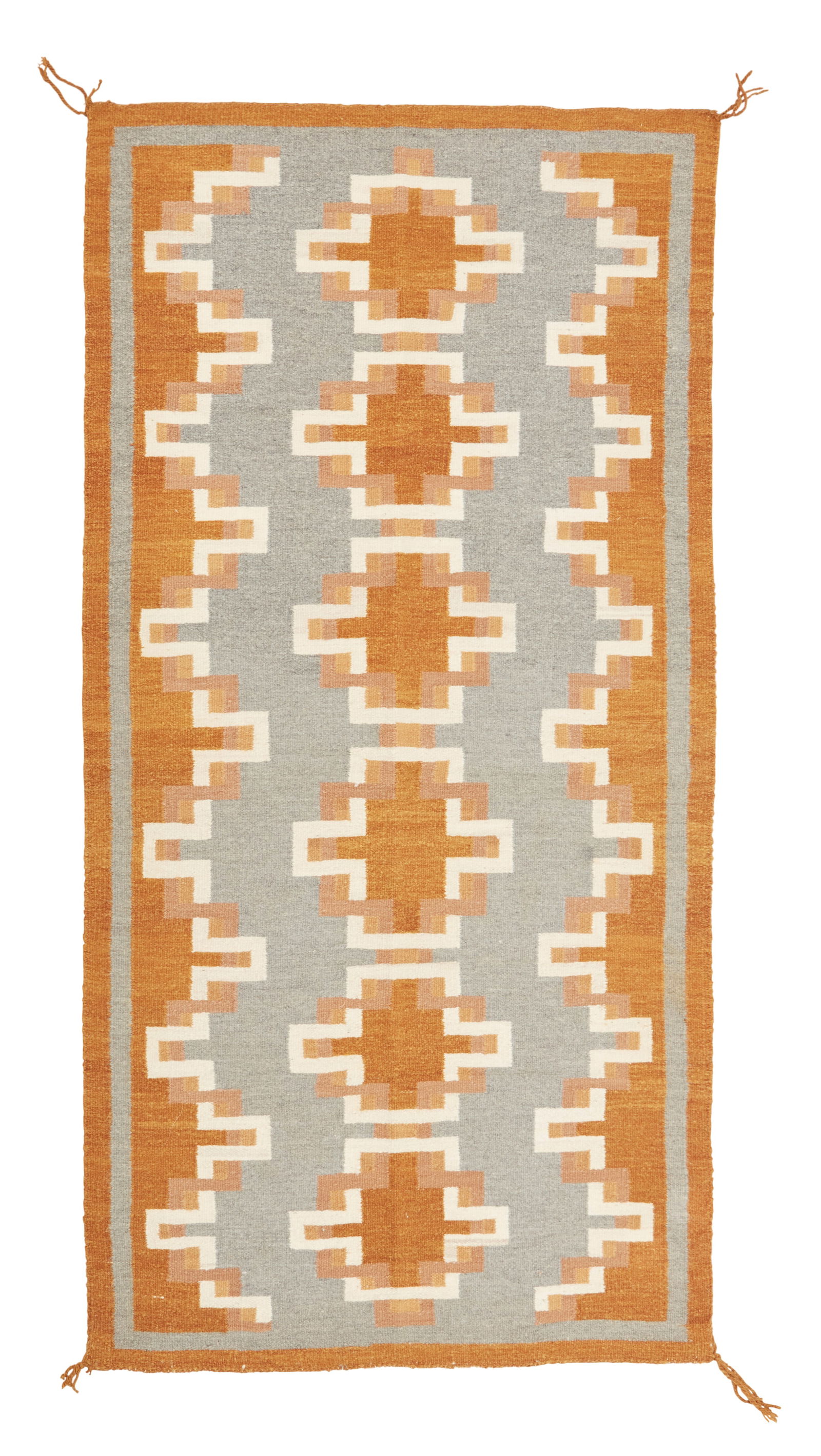 A Navajo regional rug: A Navajo regional rugMid/late 20th century, DineWoven in natural colors of cream, tan, ochre, and light blue/gray wool with a central column of stepped diamonds, and half columns to each side72"