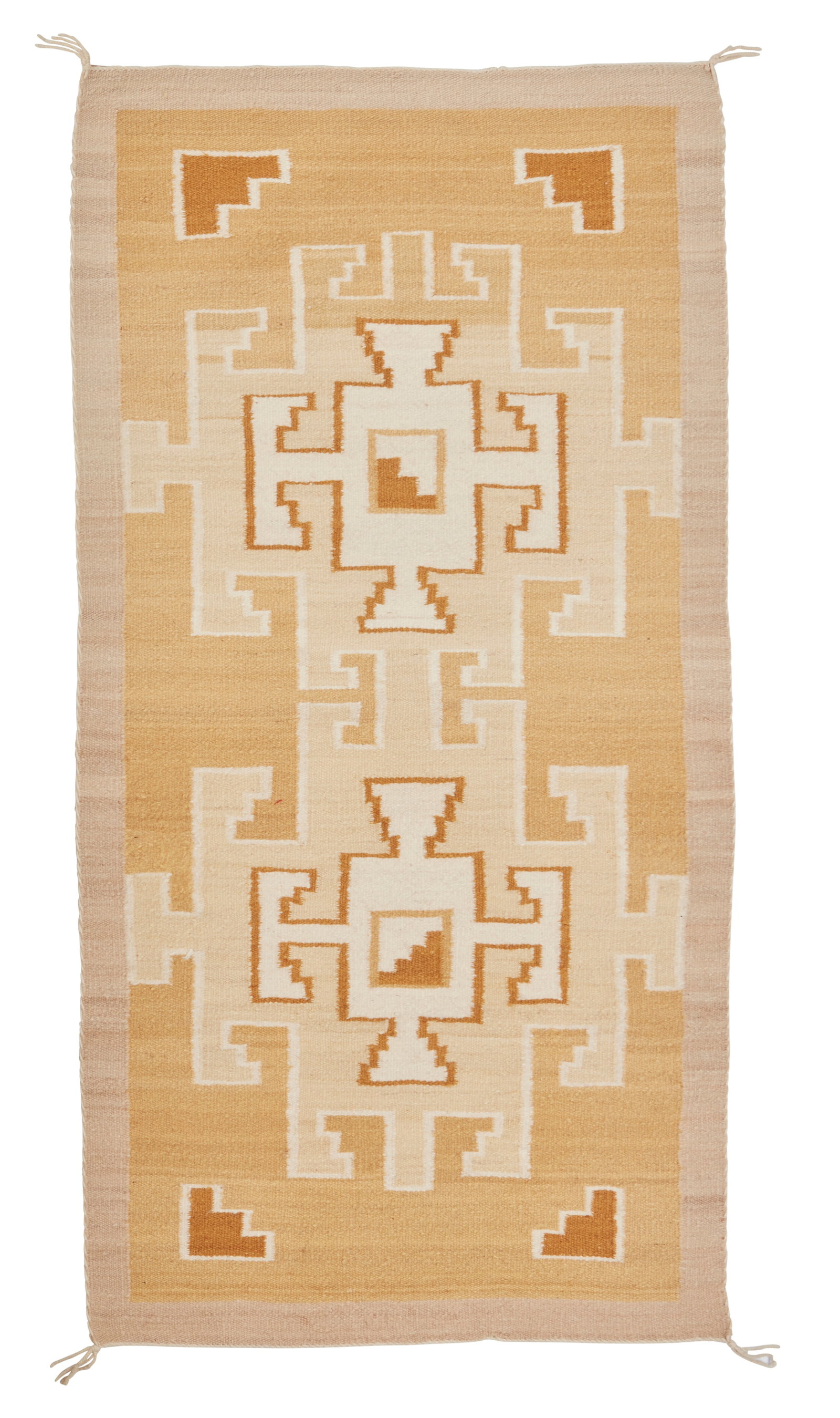 A Navajo regional rug: A Navajo regional rugLate 20th century, DineWoven in natural yellow, ochre, and tan colors with conjoined hooked crosses to center59.5" H x 30.75" W