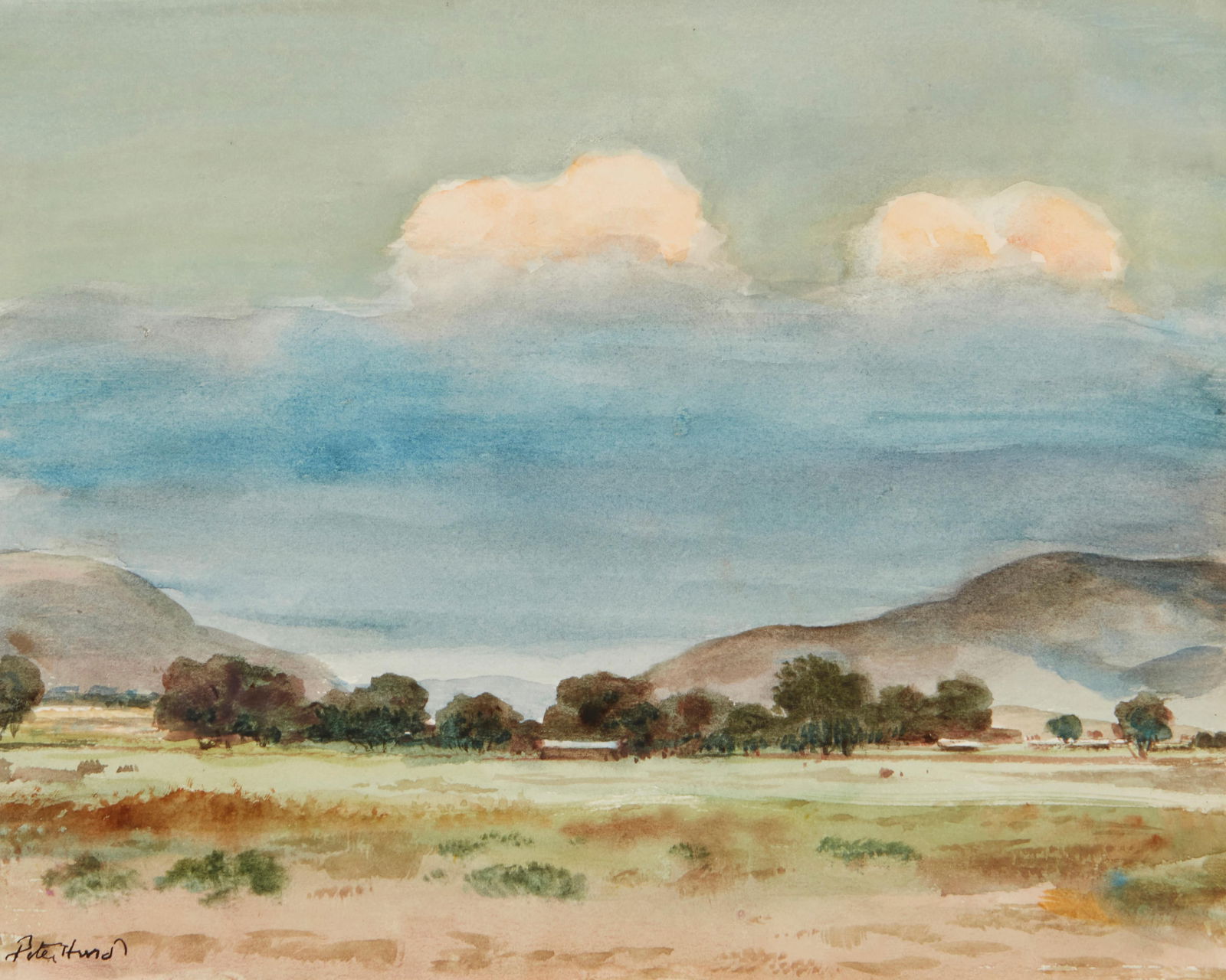 Peter Hurd (1904-1984), "A Cumulous Cloud Bank": Peter Hurd(1904-1984)"A Cumulous Cloud Bank"Watercolor on sketchbook paperSigned lower left: Peter Hurd; titled on the verso of the backing board7.75" H x 9.75" W