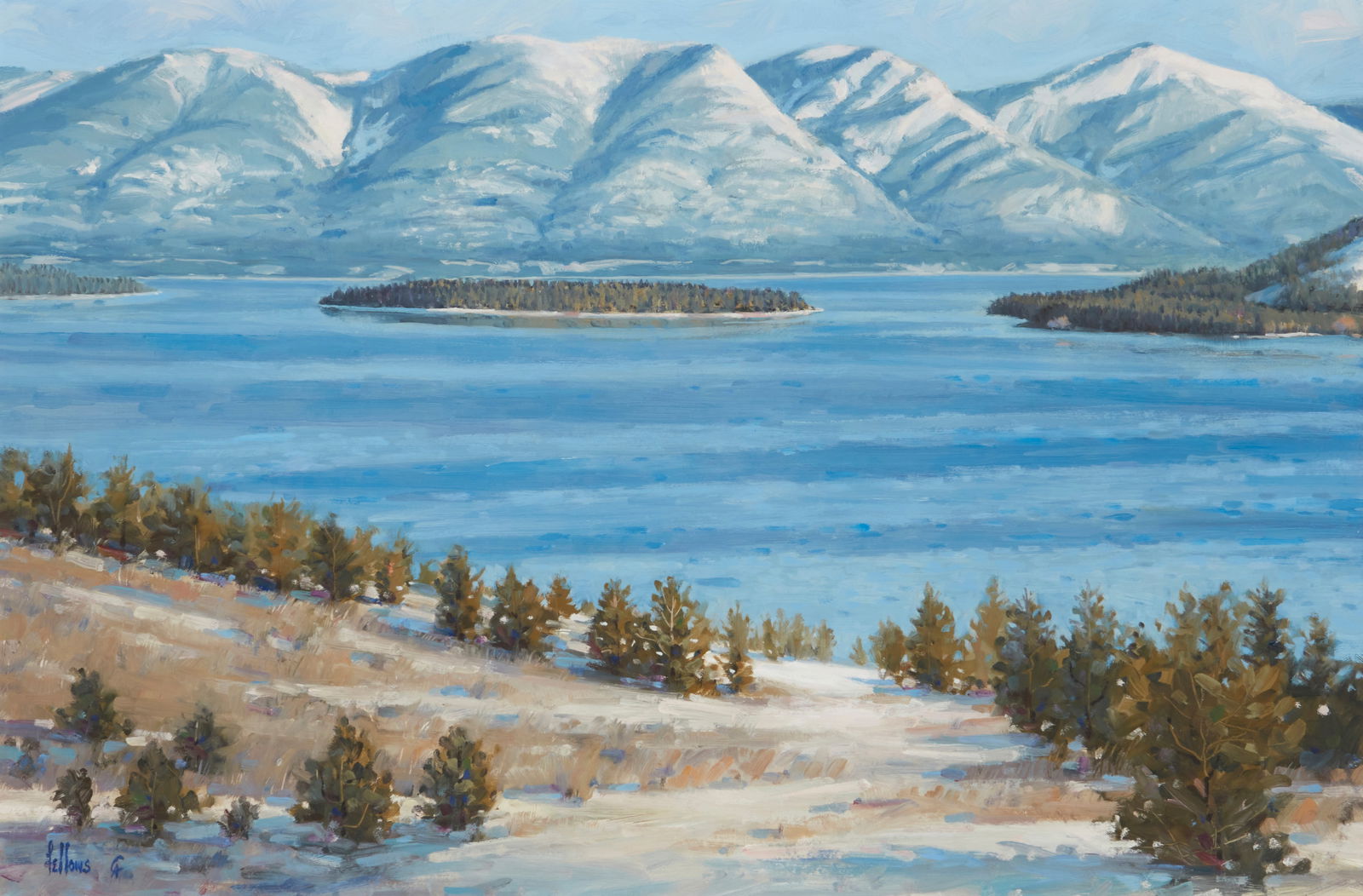 Fred Fellows (b. 1934), "Melita Island Looking West to the Mission Range": Fred Fellows(b. 1934)"Melita Island Looking West to the Mission Range"Oil on MasoniteSigned lower left: Fellows, and with the Cowboy Artists of America affiliation abbreviation; signed again