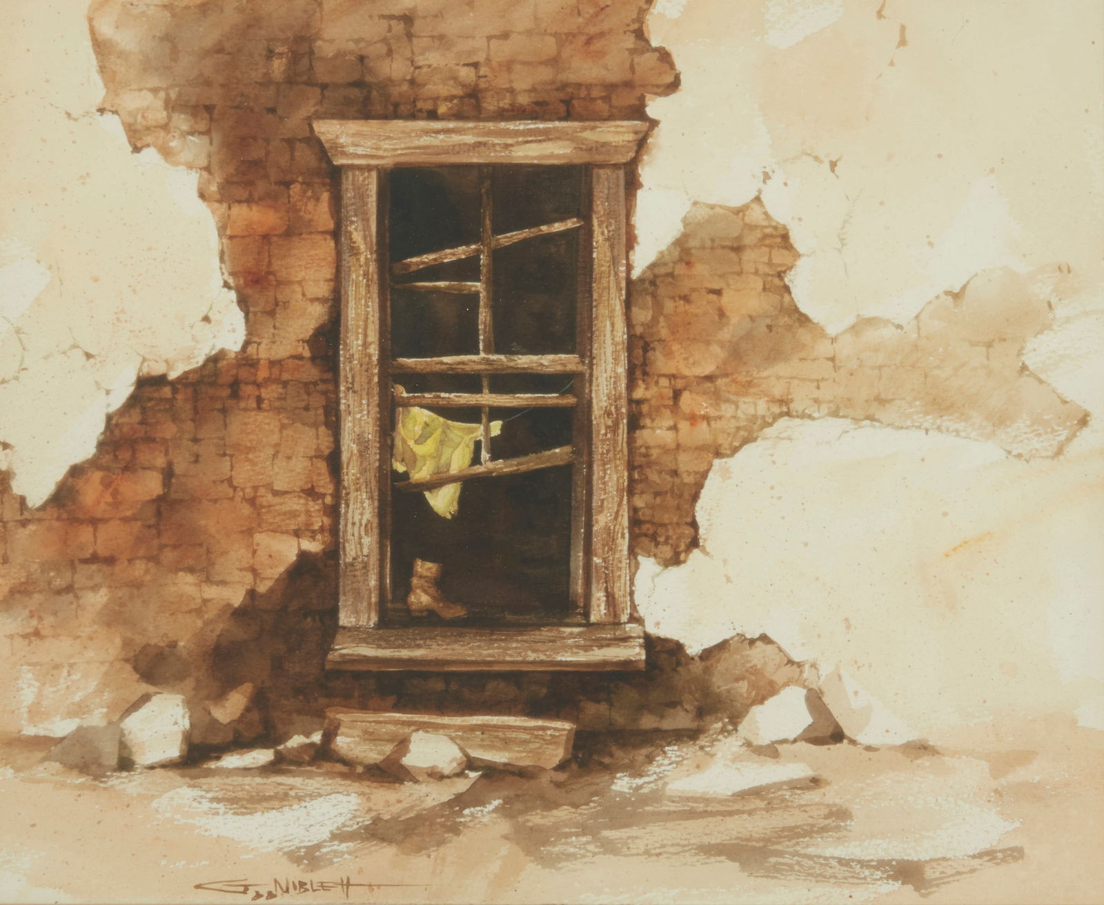 Gary Niblett (b. 1943), "Adobe Window": Gary Niblett(b. 1943)"Adobe Window"Watercolor on paperSigned lower left: Gary Niblett; titled on the frame's backing paperSight: 9.875" H x 12.25" W Provenance: Mittry's Art Galler