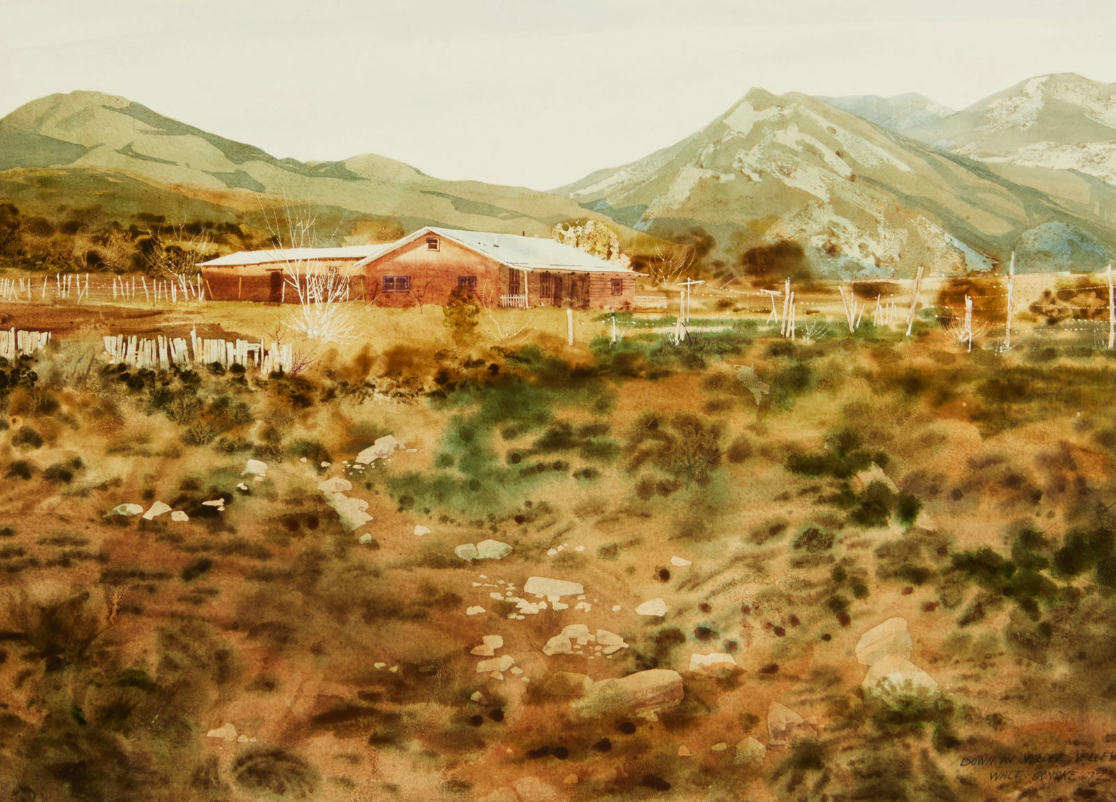 Walt Gonske (b. 1942), "Down in the Valdez Valley," 1972: Walt Gonske(b. 1942)"Down in the Valdez Valley," 1972Watercolor on boardSigned, titled, and dated lower right: Walk Gonske30" H x 40" W