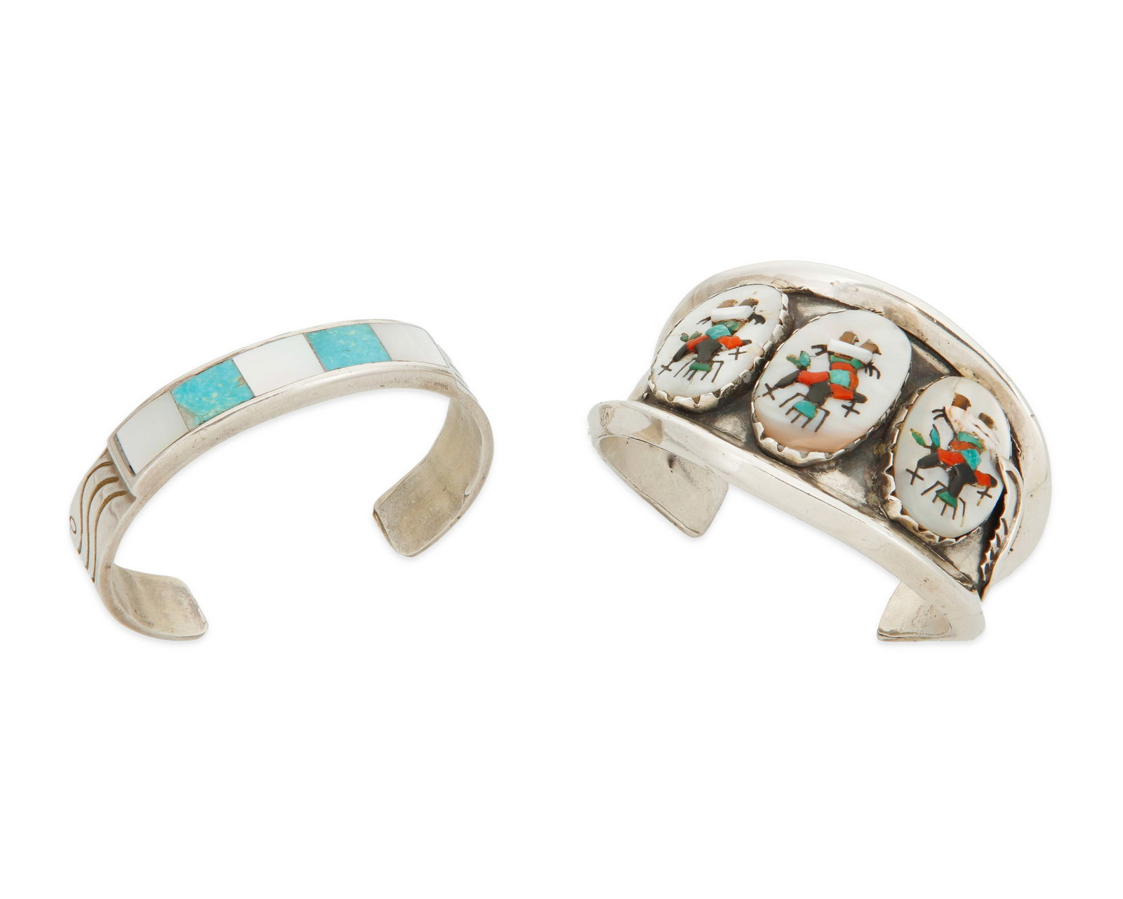 Two Southwest-style inlaid silver cuff bracelets: Two Southwest-style inlaid silver cuff braceletsMid/late 20th centuryEach appears unmarkedComprising a sterling silver Zuni-style tapered cuff with triangular wire edges and three multistone raised in