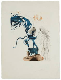 Salvador Dali (1904-1989), "Oedipus and Sphinx" from the "Mythologie" suite, 1963-65: Salvador Dali(1904-1989)"Oedipus and Sphinx" from the "Mythologie" suite, 1963-65Color heliogravure and drypoint on Japon nacreEdition: XLII/C (there were also 150 on Arches and XX on Japanese paper)S