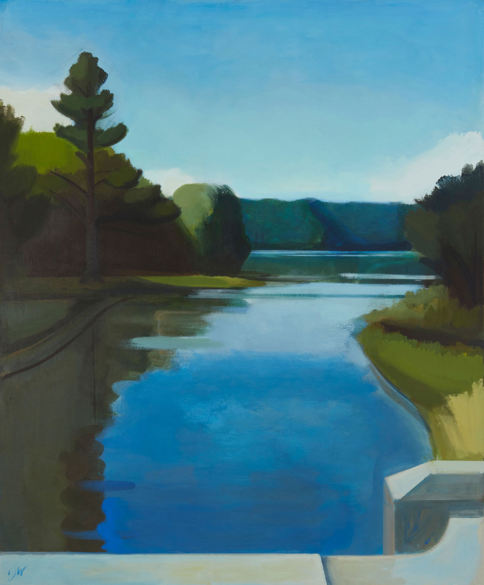 James Weeks (1922-1998), "Concord River Seen from a Bridge": James Weeks(1922-1998)"Concord River Seen from a Bridge"Acrylic on canvasInitialed lower left: JW; titled on two labels affixed, verso66.5" H x 54.5" W Provenance: Hirschl & Adler