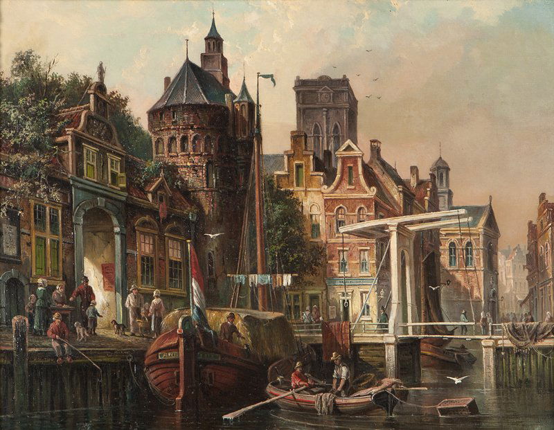 19th century Dutch School: Amsterdam view with figures, canal and bridge, partial indistinct signature lower right, oil on canvas laid to canvas, 13.5'' H x 17.5'' W, est:$2000/3000 Provenance: Estate, Los Angeles, CA