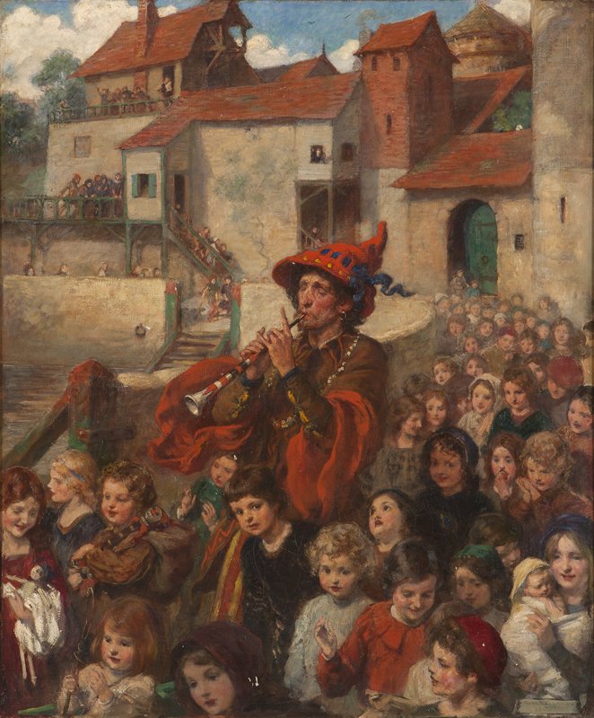 Frank S. Eastman (1878-1964 British): ''Pied Piper of Hamelin'', signed and dated lower right: Frank S. Eastman 1910, signed again and titled on a partially indistinct label affixed to the stretcher, oil on canvas, 30'' H x 25.5'' W, est: