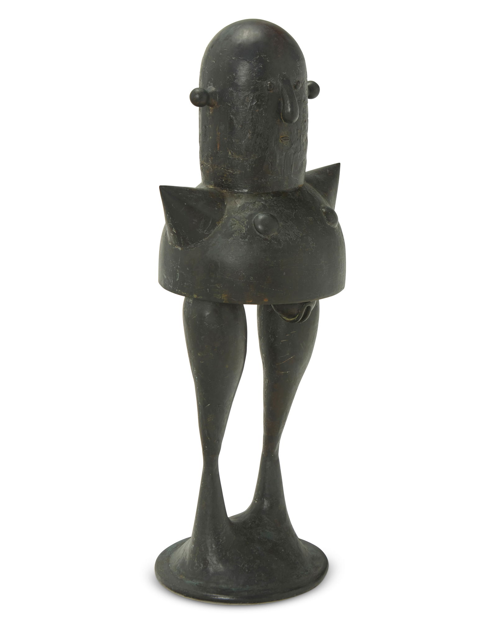 A Dada-style figural sculpture: A Dada-style figural sculptureMid/late 20th centurySigned in the casting: BroomePatinated bronze34.75" H x 14" W x 11.25" D