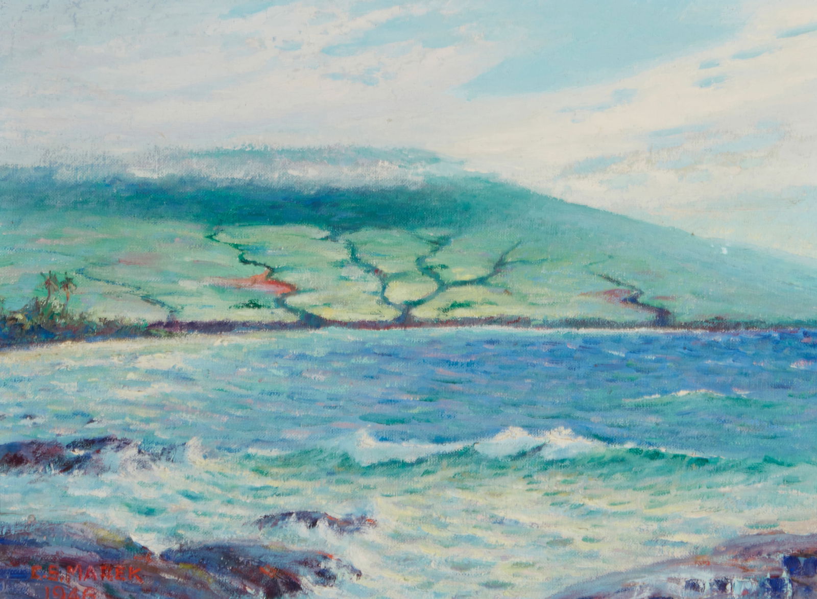 Charles S. Marek (1891-1979), "Across Hilo Bay," 1946: Charles S. Marek(1891-1979)"Across Hilo Bay," 1946Oil on canvas laid to paperboardSigned and dated lower left: Charles S. Marek; titled and numbered "184" in ink on the artist's la