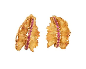 A Pair of Tiffany & Co. 18K Gold and Ruby Earclips