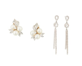 Two Pairs of 14K White Gold, Cultured Pearl and Diamond Earrings