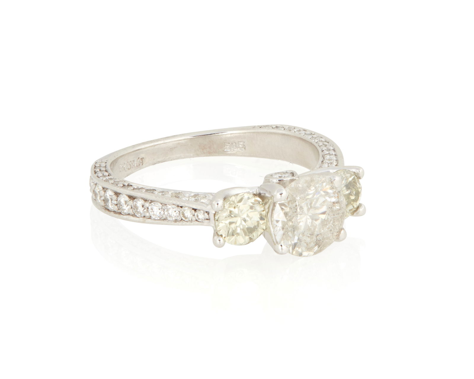 A 14K White Gold and Diamond Ring: A 14K White Gold and Diamond RingCentering a round diamond weighing approximately 1.29 carats, accented by round diamondsRing size: 73.8 grams grossCenter diamond:Approximate overall color and clarity