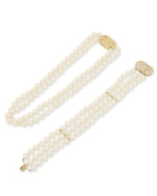 An 18K Gold, Cultured Pearl and Diamond Necklace and Bracelet Set