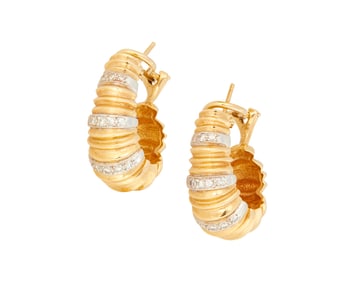 A Pair of 14K Bi-Color Gold and Diamond Earclips