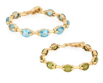 Two 18K Gold, Peridot and Blue Topaz Bracelets