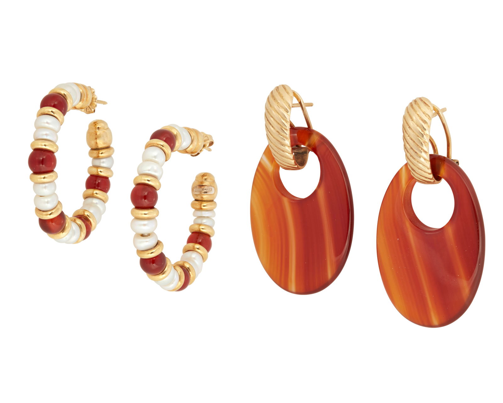Two Pairs of Gold and Carnelian Earrings: Two Pairs of Gold and Carnelian EarringsIncluding a pair of 18k gold, cultured pearl and carnelian bead hoops together with a pair of 14k gold and carnelian earrings, 4 pieces1.5" H and 1.75"